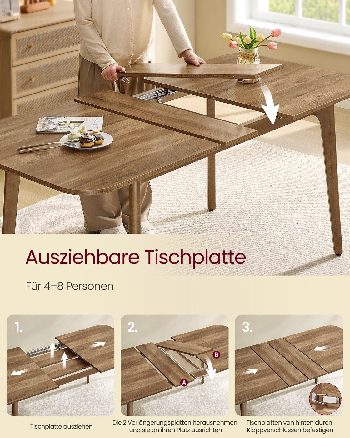 Esstisch Ausziehbar - Verlängerbare Tischplatte Bis 180 cm - Für Esszimmer Und Küche