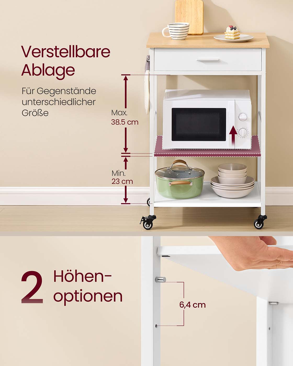 Mobiler Küchenwagen mit Schublade und Ablagen – Beweglich und abschließbar – Ideal für kleine Küchen – Modernes Eichen-Weiß-Finish
