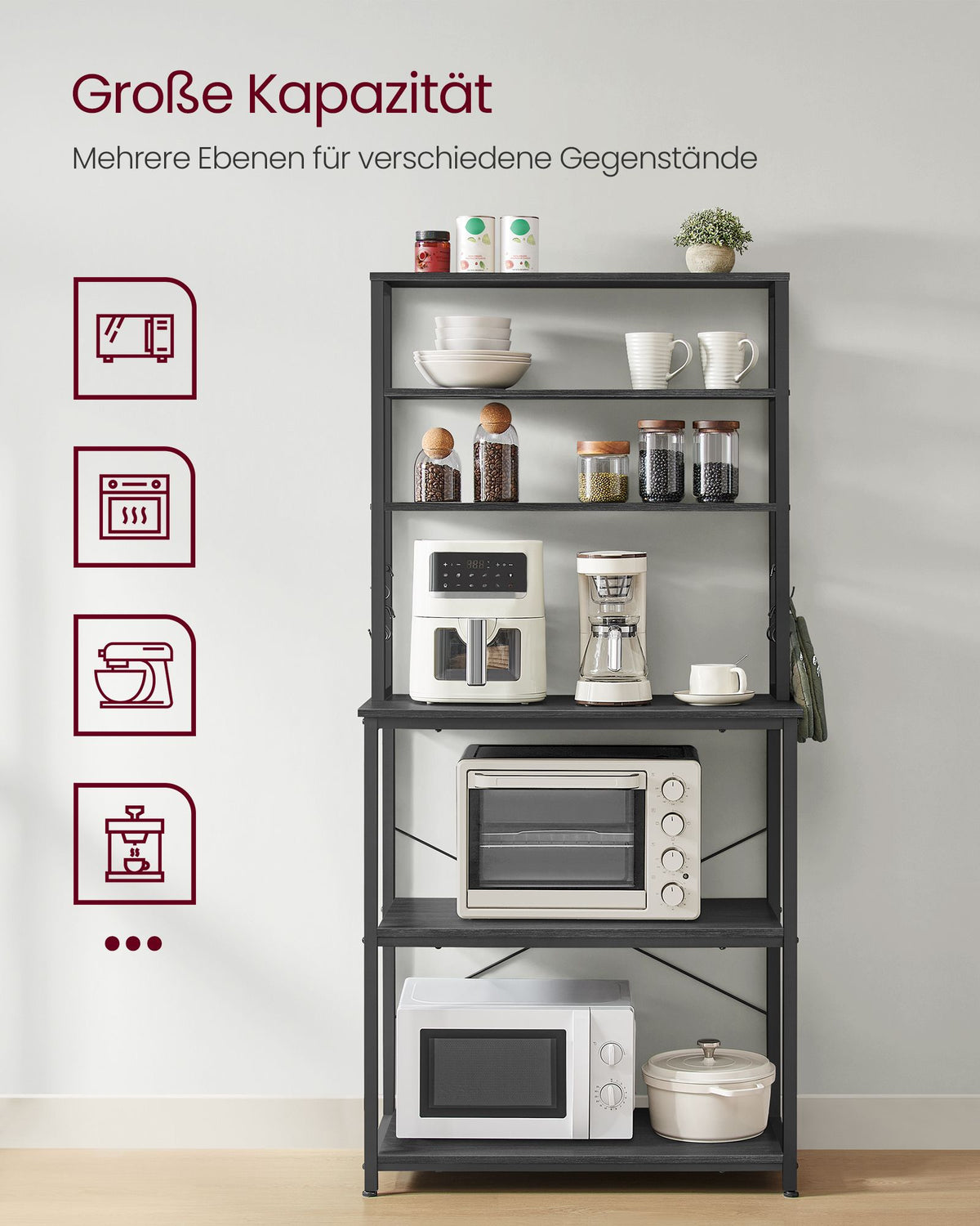 Küchenregal im Industriestil mit 4 Ablagen – mit 6 S-Haken – verstellbaren Beinen – Küchenschrank