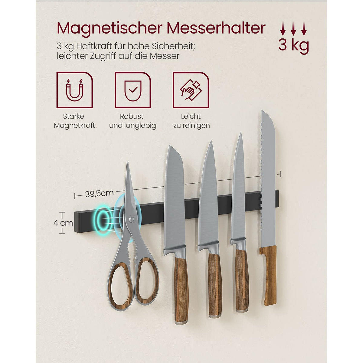 Küchenschrank – Freistehendes Küchenregal mit Magnet-Messerhalter und Drahtkorb – 12 Haken