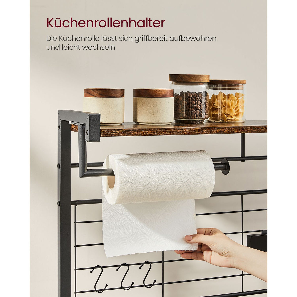 Küchenschrank – Freistehendes Küchenregal mit Magnet-Messerhalter und Drahtkorb – 12 Haken