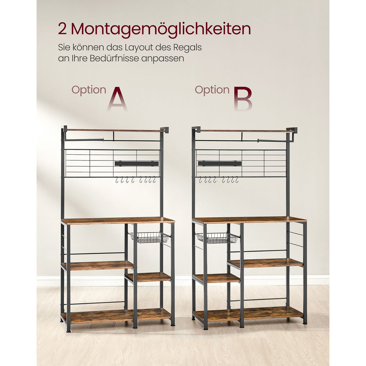 Küchenschrank – Freistehendes Küchenregal mit Magnet-Messerhalter und Drahtkorb – 12 Haken