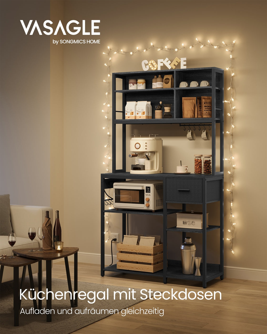 Küchenregal mit integrierter Steckdose – 100 cm breit – mit Stoffschublade, verstellbaren Regalböden und 12 Haken