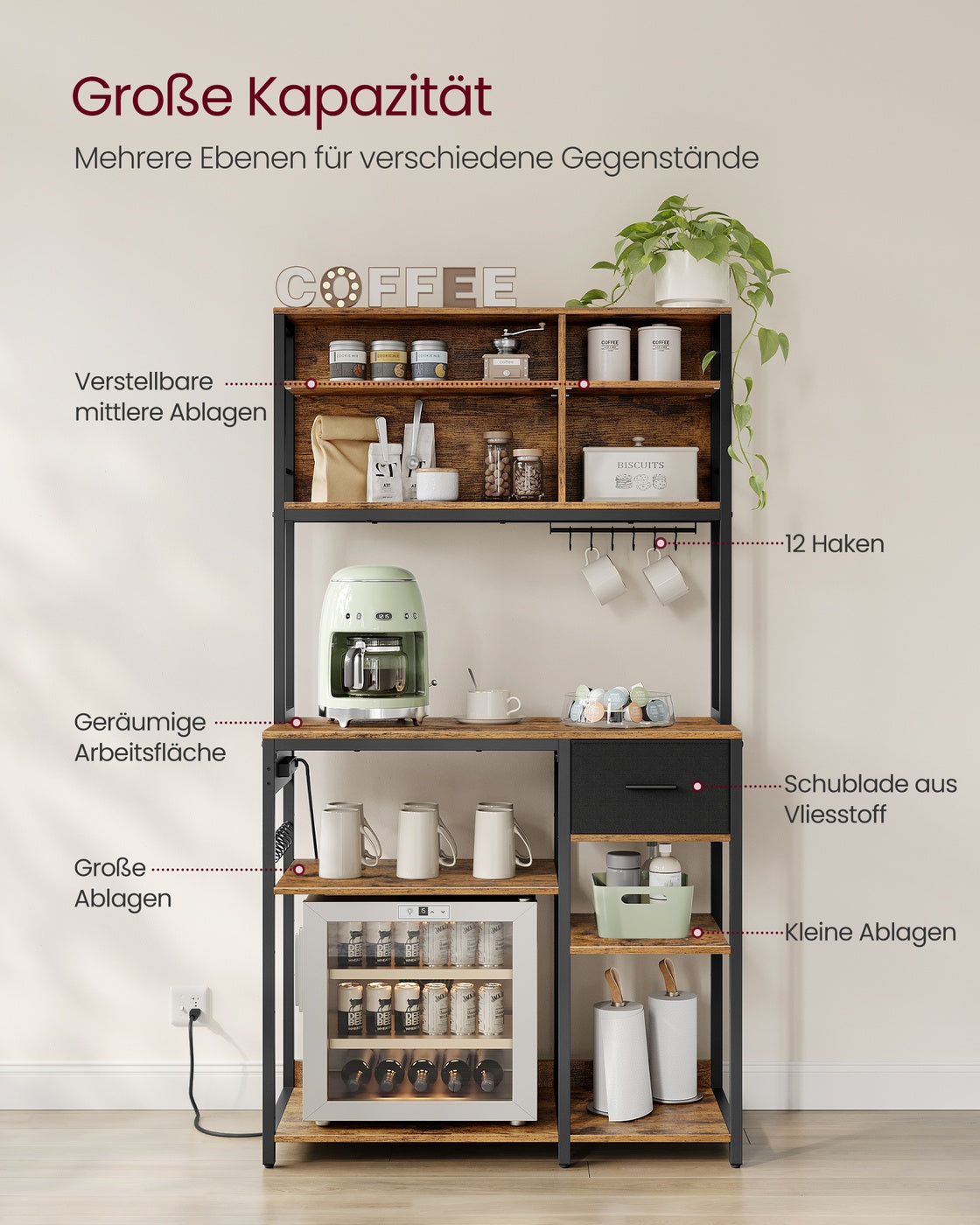 Küchenregal mit integrierter Steckdose – 100 cm breit – mit Stoffschublade, verstellbaren Regalböden und 12 Haken