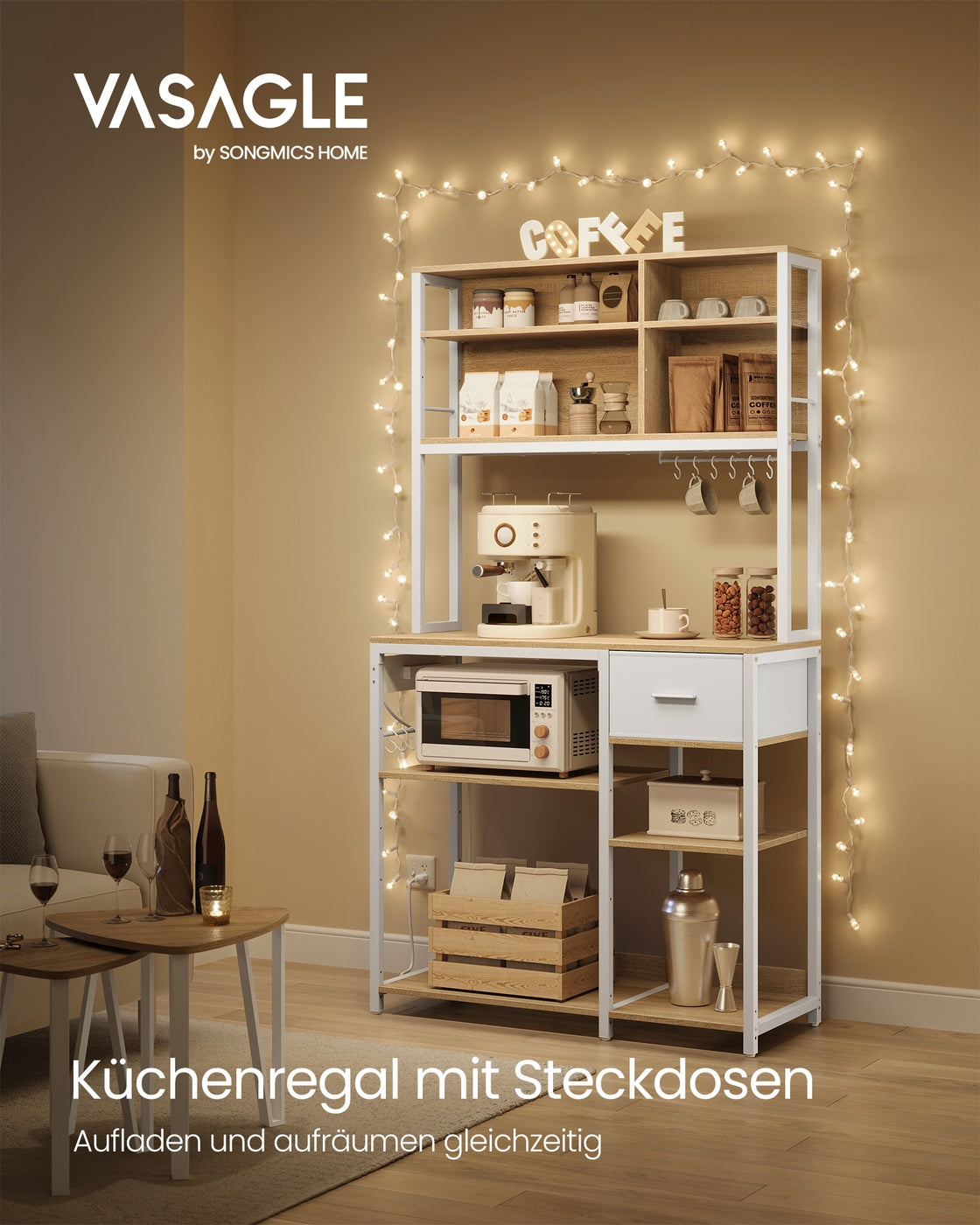 Küchenregal mit integrierter Steckdose – 100 cm breit – mit Stoffschublade, verstellbaren Regalböden und 12 Haken