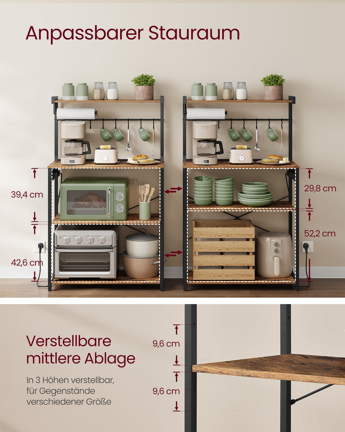 Küchen-Standregal mit Steckdose – Mikrowellenregal mit verstellbarem Regalboden – 60 x 40 x 140 cm – Industriedesign