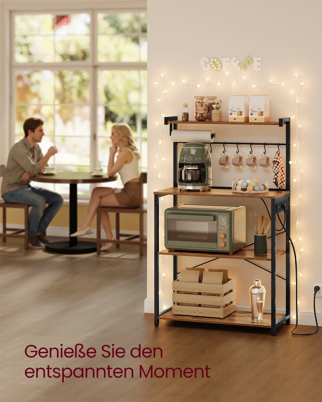 Küchen-Standregal mit Steckdose – Mikrowellenregal mit verstellbarem Regalboden – 60 x 40 x 140 cm – Industriedesign