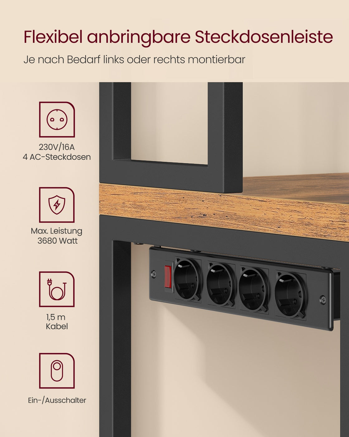 Küchenregal mit Steckdose – 170 cm hoch – Aufbewahrungsschrank mit Arbeitsfläche und Haken