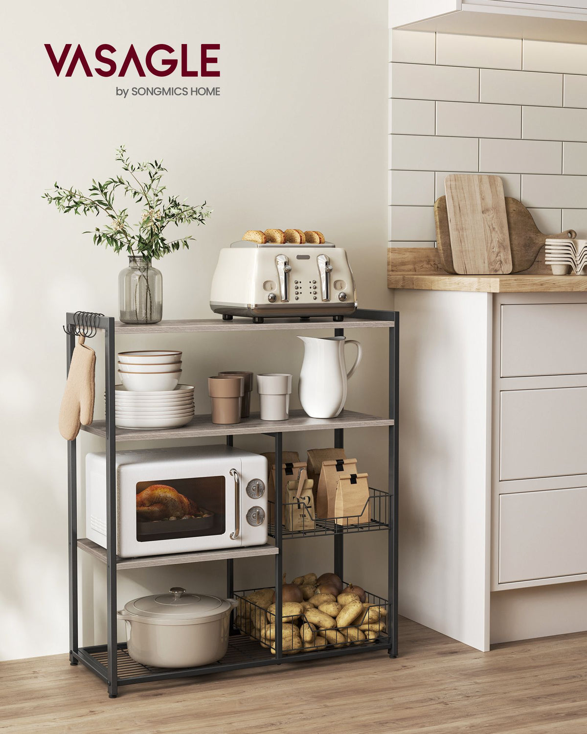Küchenregal – Standregal – 2 Metallkörbe – Haken und Böden – 35 x 80 x 95 cm – Spanplatte und Stahl