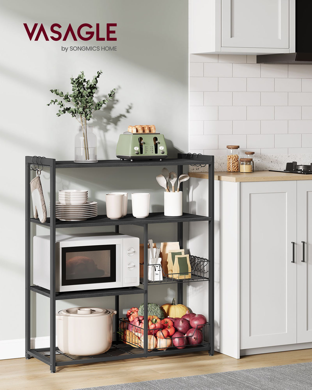 Küchenregal – Standregal – 2 Metallkörbe – Haken und Böden – 35 x 80 x 95 cm – Spanplatte und Stahl