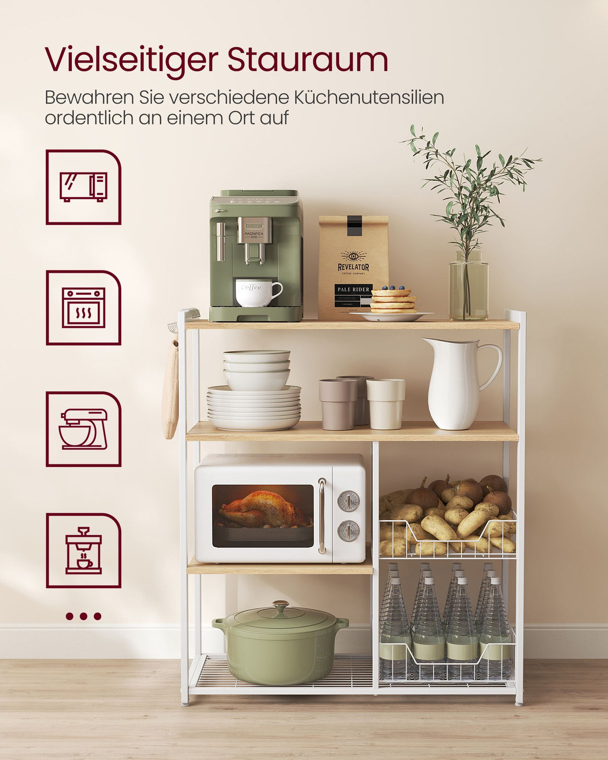 Küchenregal – Standregal – 2 Metallkörbe – Haken und Böden – 35 x 80 x 95 cm – Spanplatte und Stahl