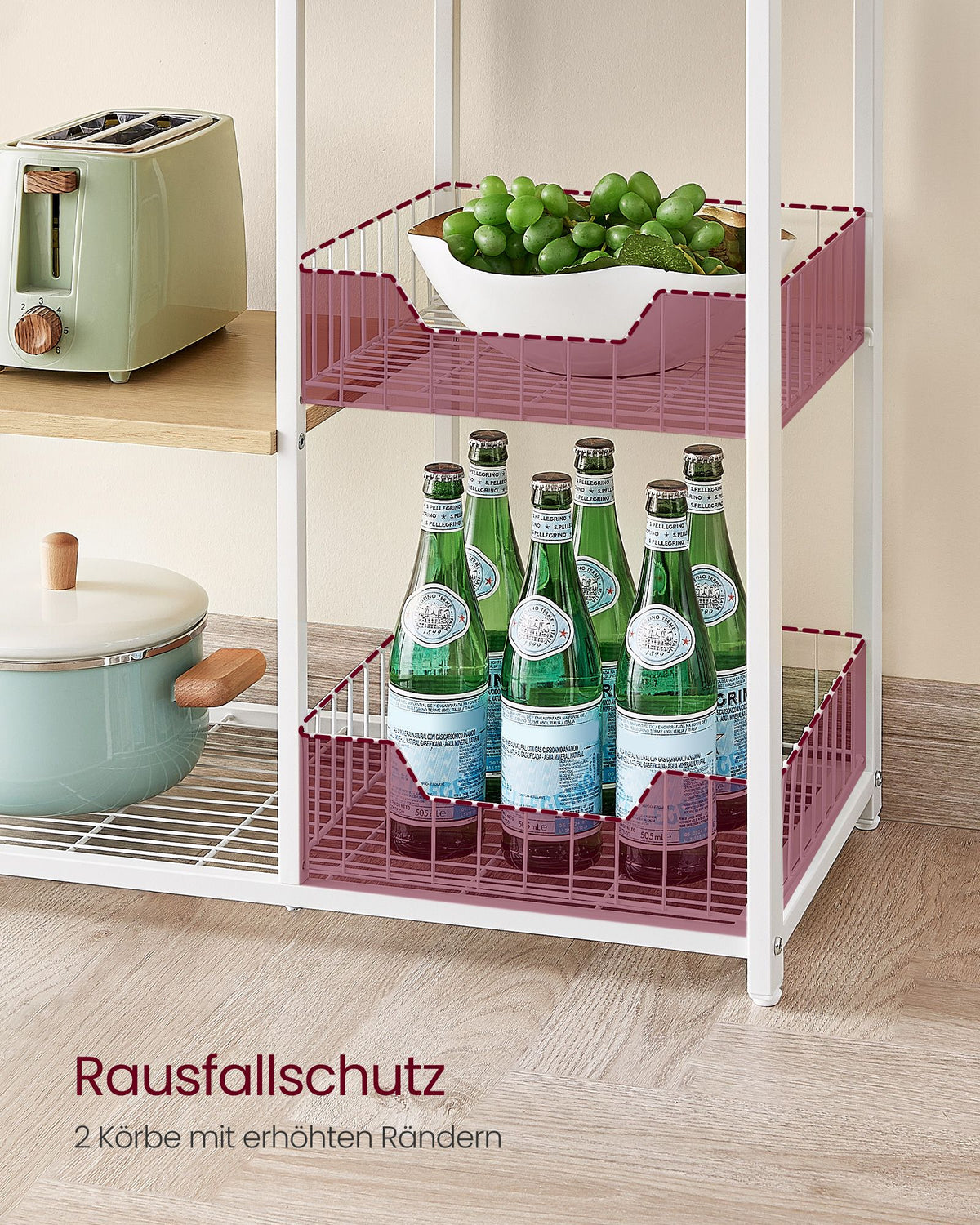 Küchenregal – Standregal – 2 Metallkörbe – Haken und Böden – 35 x 80 x 95 cm – Spanplatte und Stahl