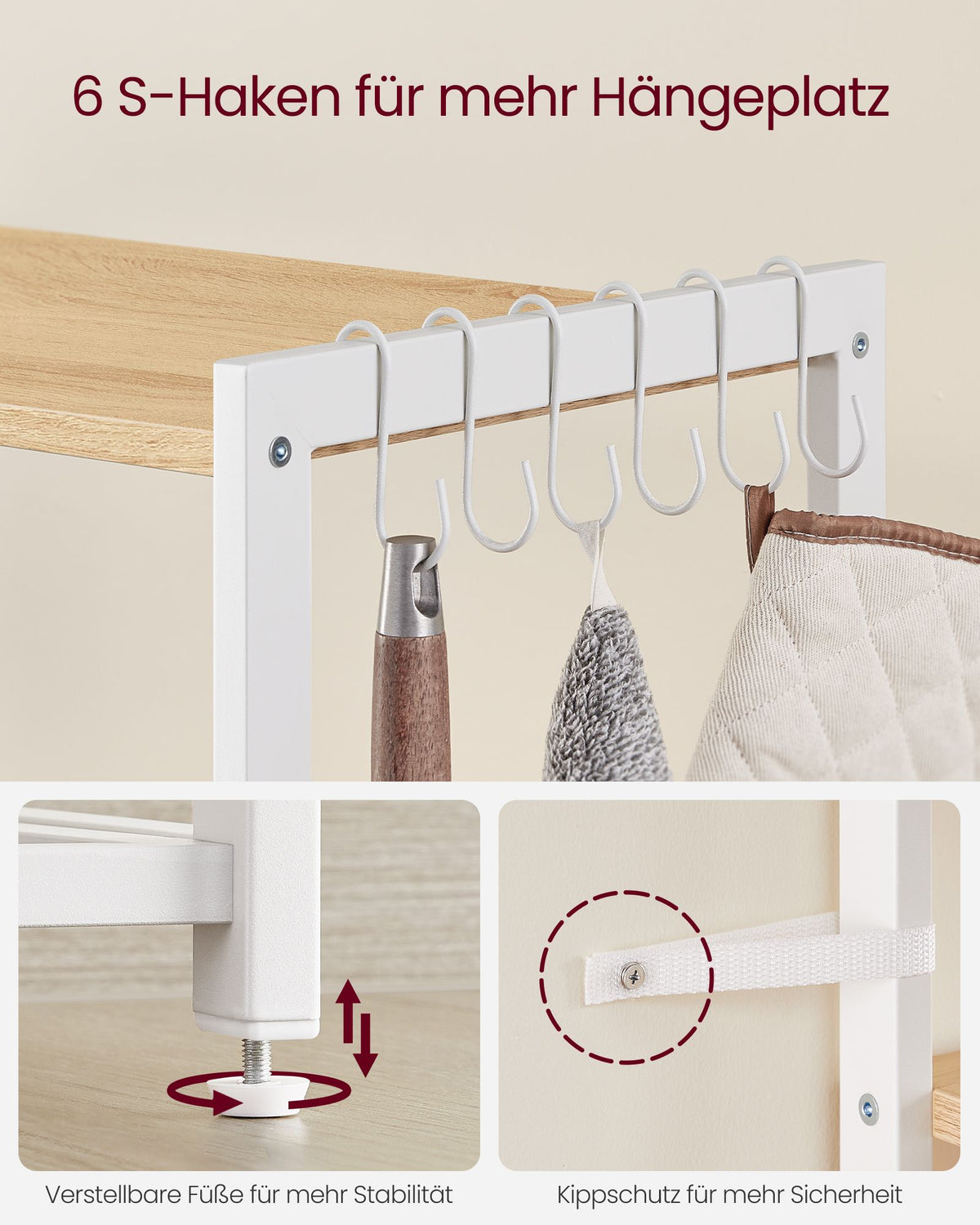 Küchenregal – Standregal – 2 Metallkörbe – Haken und Böden – 35 x 80 x 95 cm – Spanplatte und Stahl
