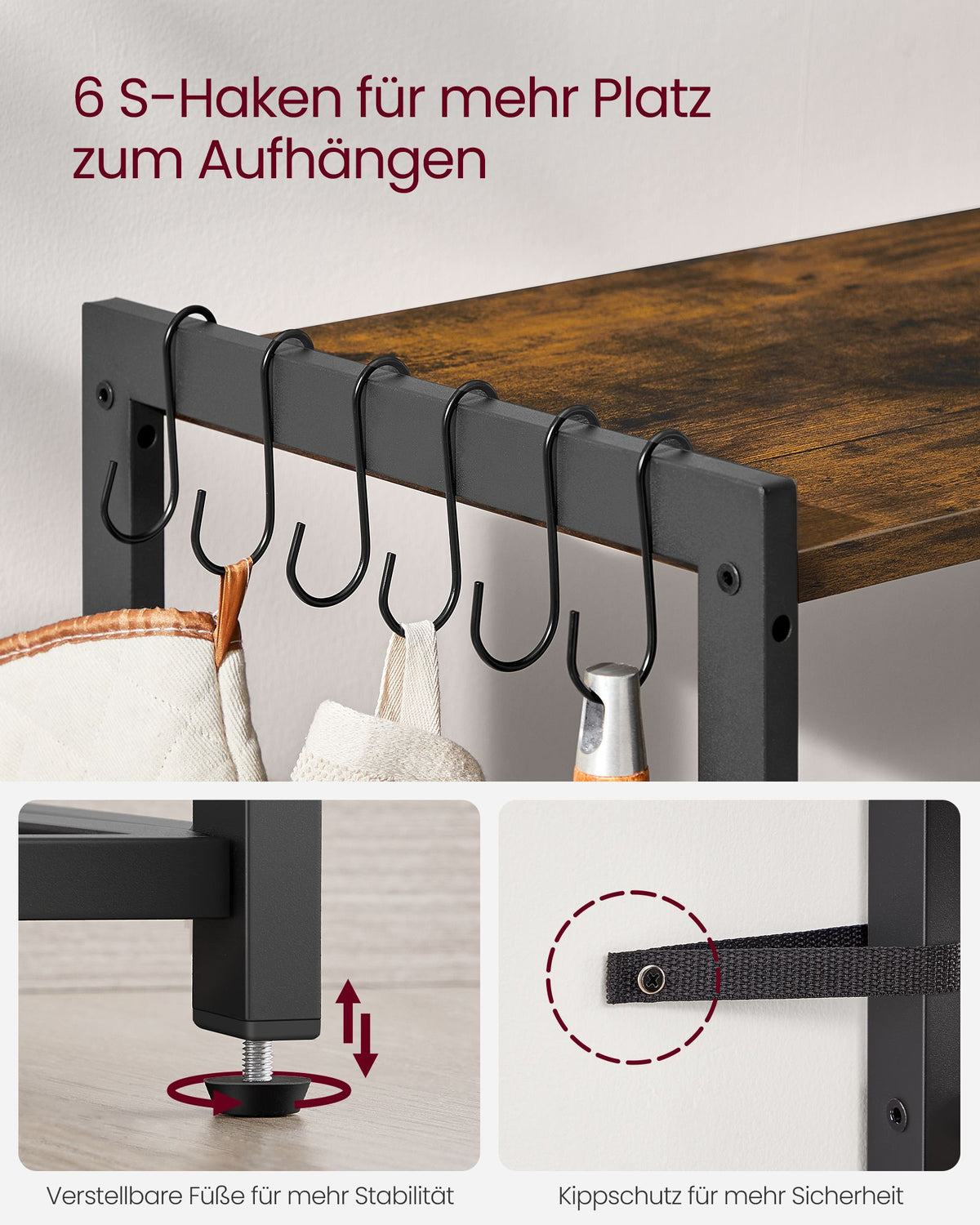 Küchenregal mit Steckdose – 80 cm breit – mit Gitterkörben, 6 Haken und mehreren Ablagen – Mikrowellenregal im Industrie-Look
