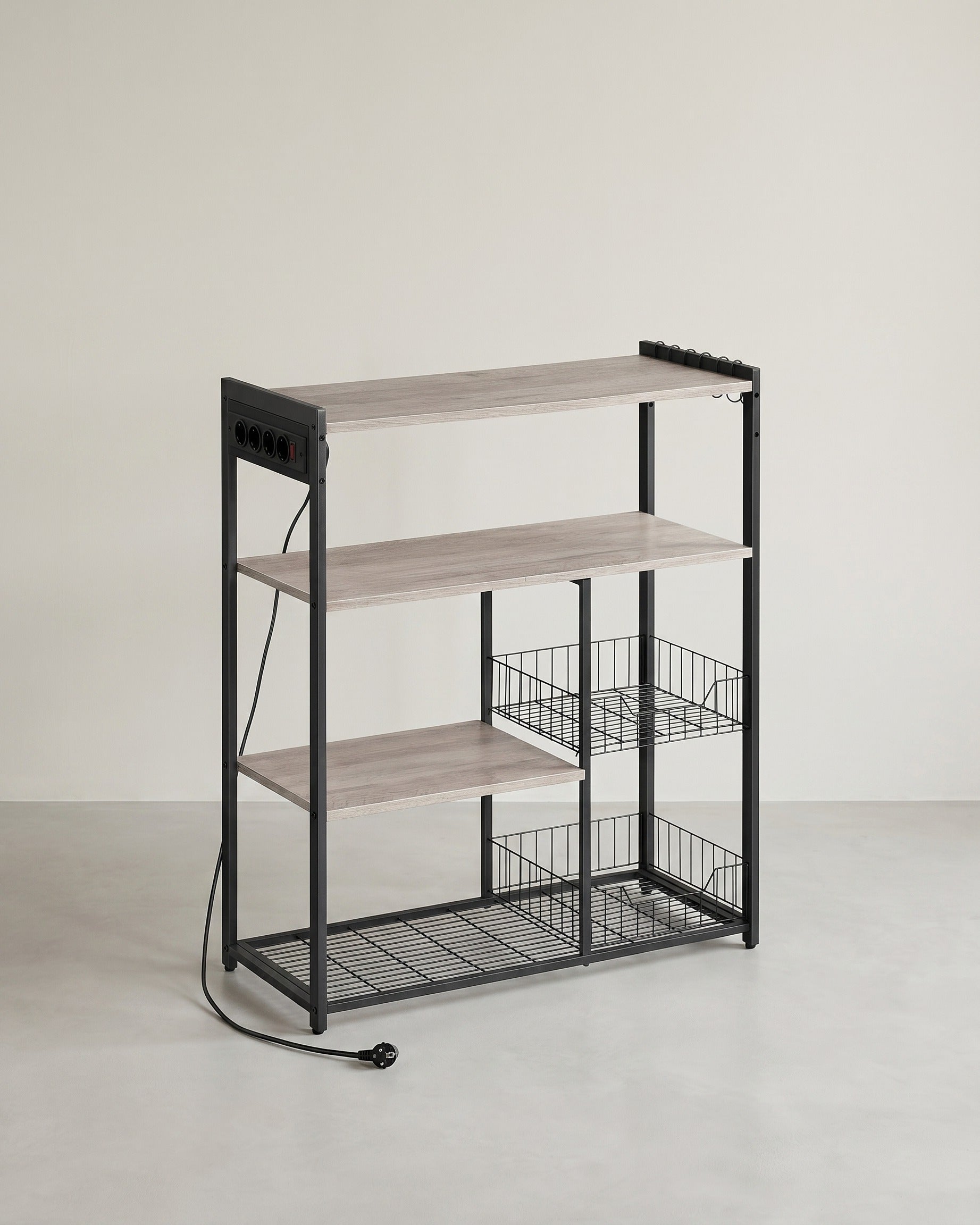 Küchenregal mit Steckdose – 80 cm breit – mit Gitterkörben, 6 Haken und mehreren Ablagen – Mikrowellenregal im Industrie-Look – Grau