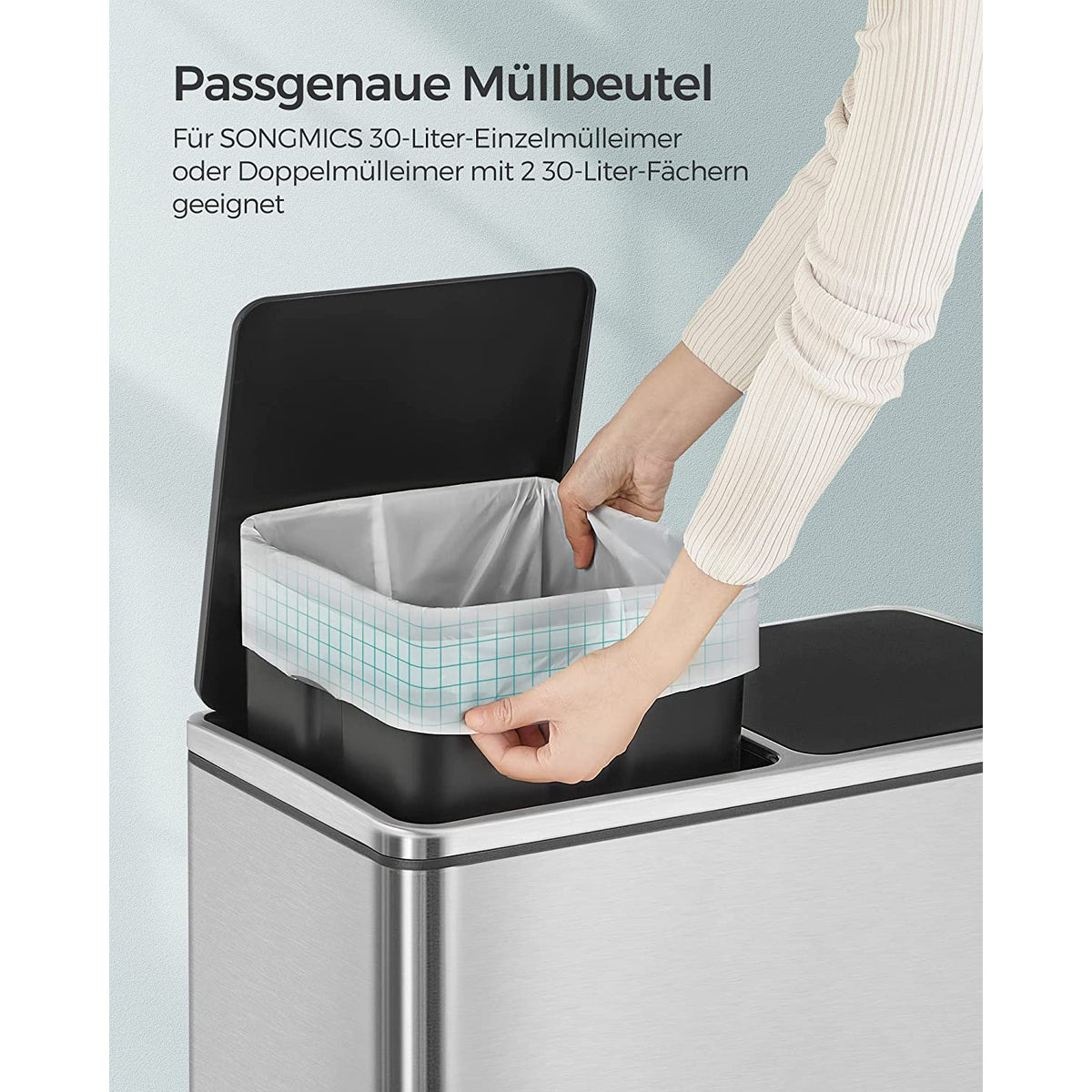 Müllbeutel mit Kordelzug – 30L Fassungsvermögen – Geeignet für Einzel- oder Doppeltonnen – Robust und auslaufsicher – 74 x 53 cm