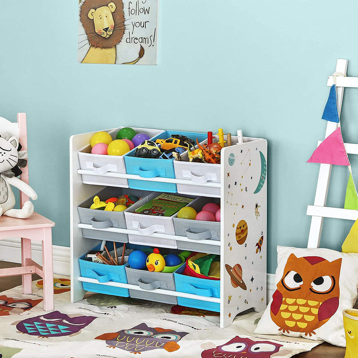 Kinder Aufbewahrungsschrank mit 9 Aufbewahrungsboxen – Spielzeug-Organizer – Bücherregal mit Kippsicherung