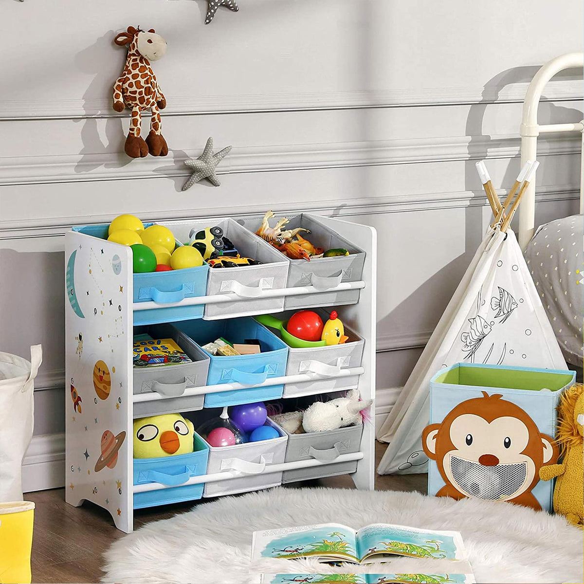 Kinder Aufbewahrungsschrank mit 9 Aufbewahrungsboxen – Spielzeug-Organizer – Bücherregal mit Kippsicherung