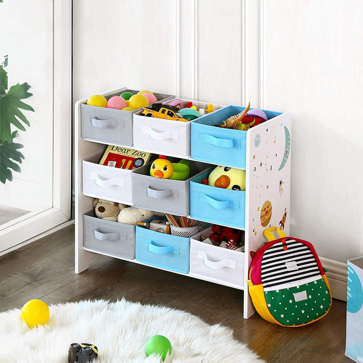 Kinder Aufbewahrungsschrank mit 9 Aufbewahrungsboxen – Spielzeug-Organizer – Bücherregal mit Kippsicherung