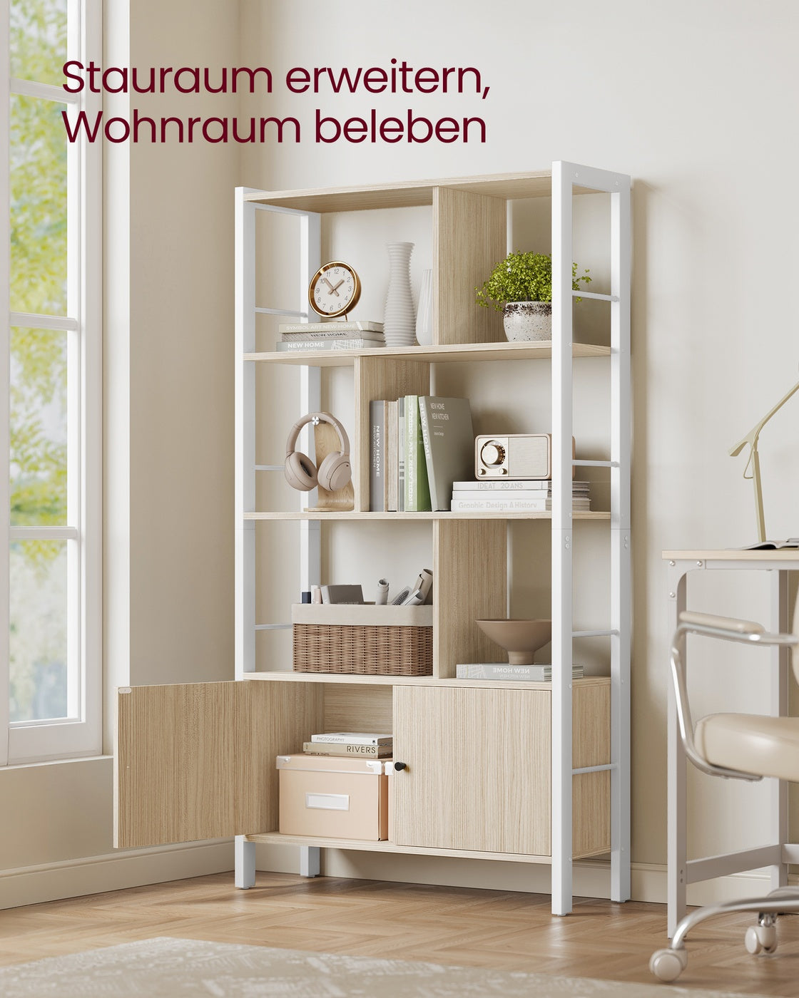 Bücherregal – Industriestil – Modernes Design – 4 Regalböden und Schrank mit Türen – 154,5 cm hoch