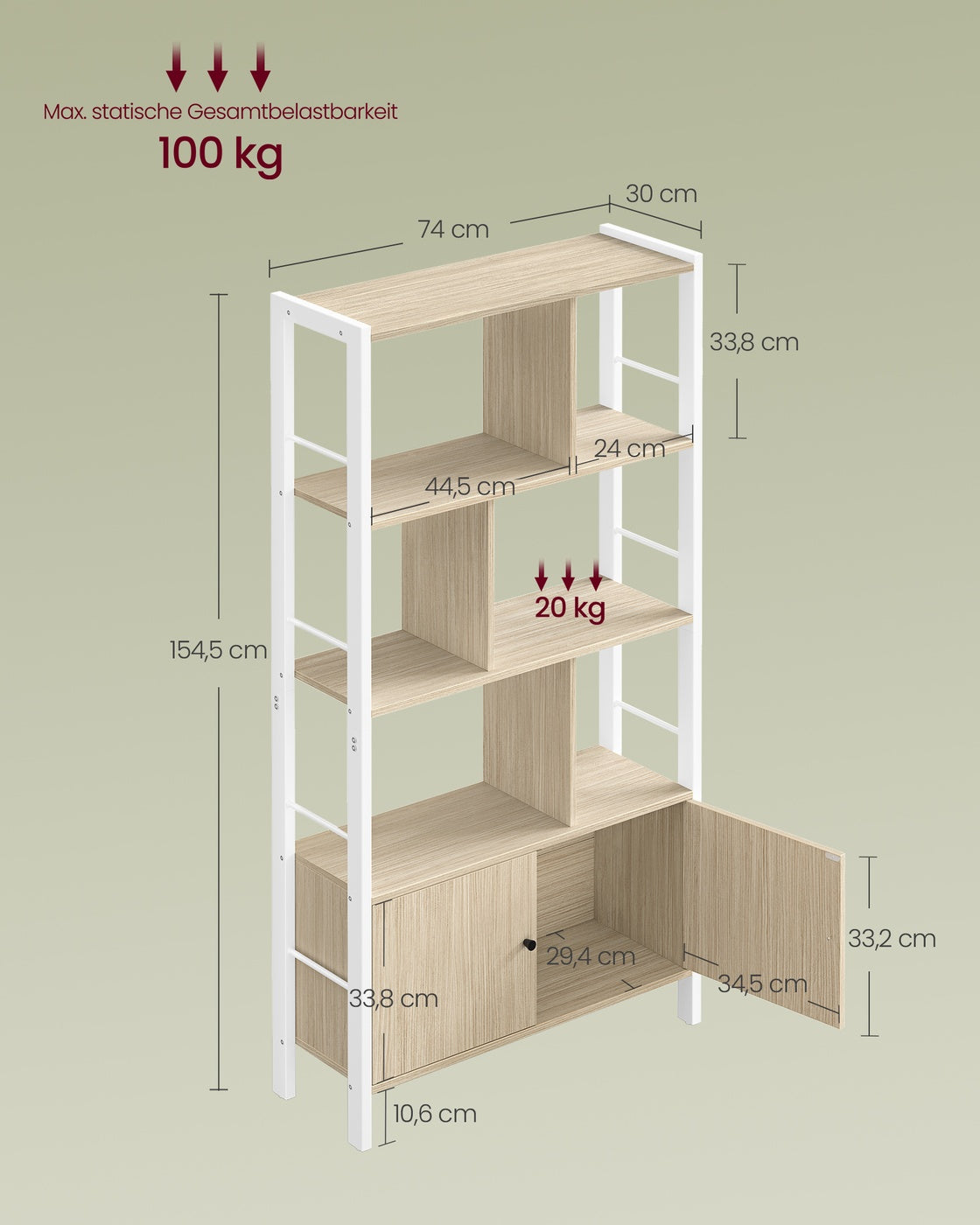 Bücherregal – Industriestil – Modernes Design – 4 Regalböden und Schrank mit Türen – 154,5 cm hoch