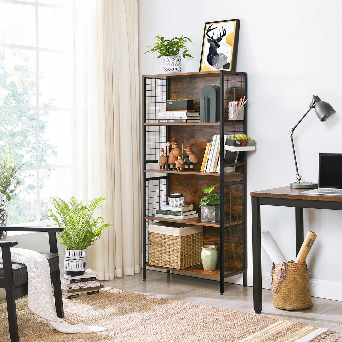 Bücherregal mit 4 Böden – Industrielles Design – Aufbewahrungsschrank mit Haken – 74 x 30 x 155 cm