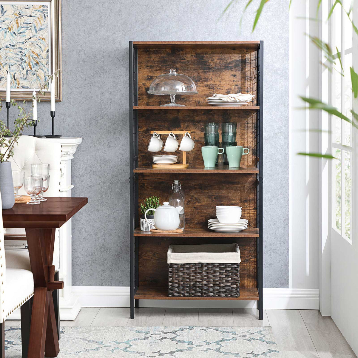 Bücherregal mit 4 Böden – Industrielles Design – Aufbewahrungsschrank mit Haken – 74 x 30 x 155 cm
