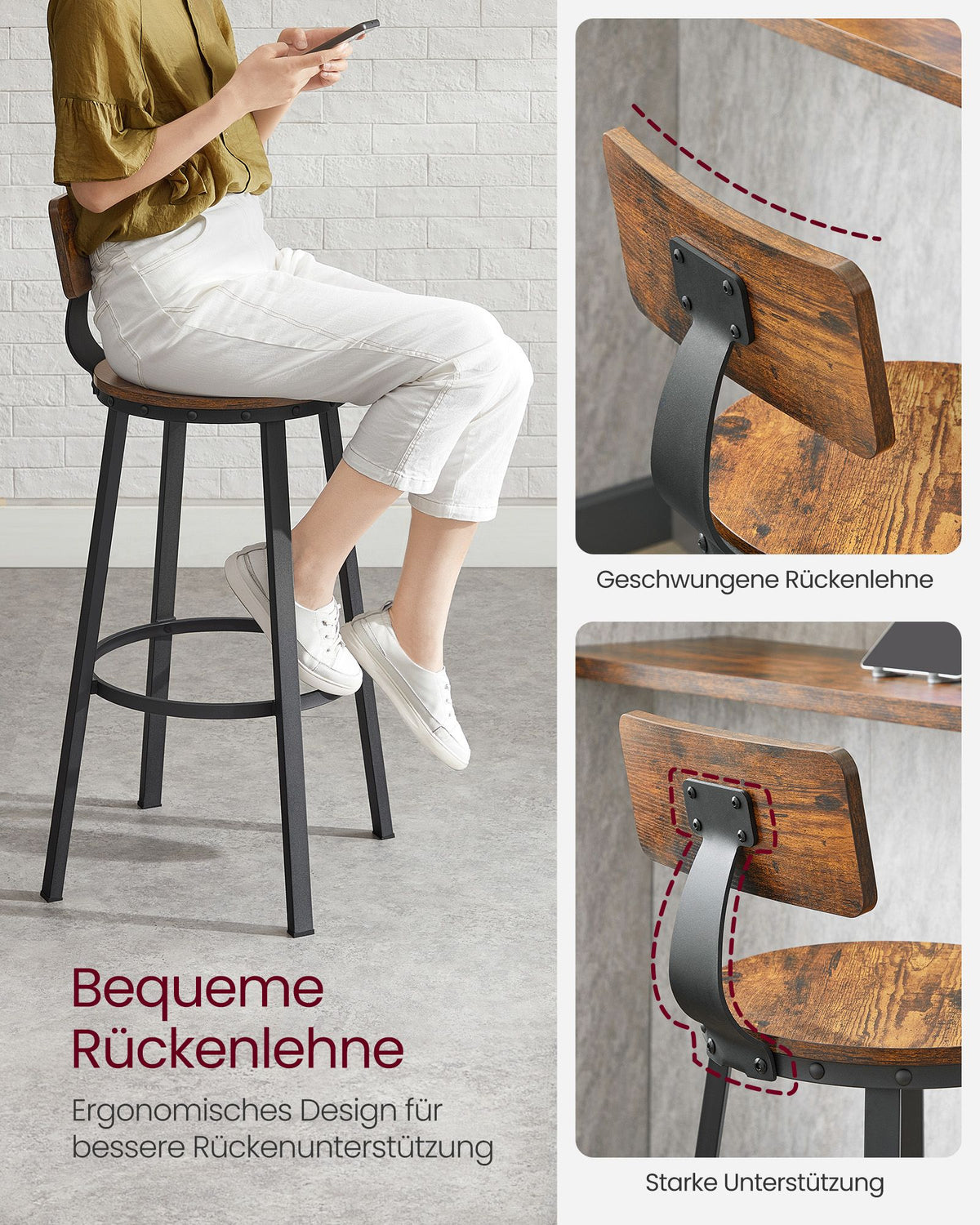 Industrielle Barhocker – 2er-Set – Vintage-Holzsitz