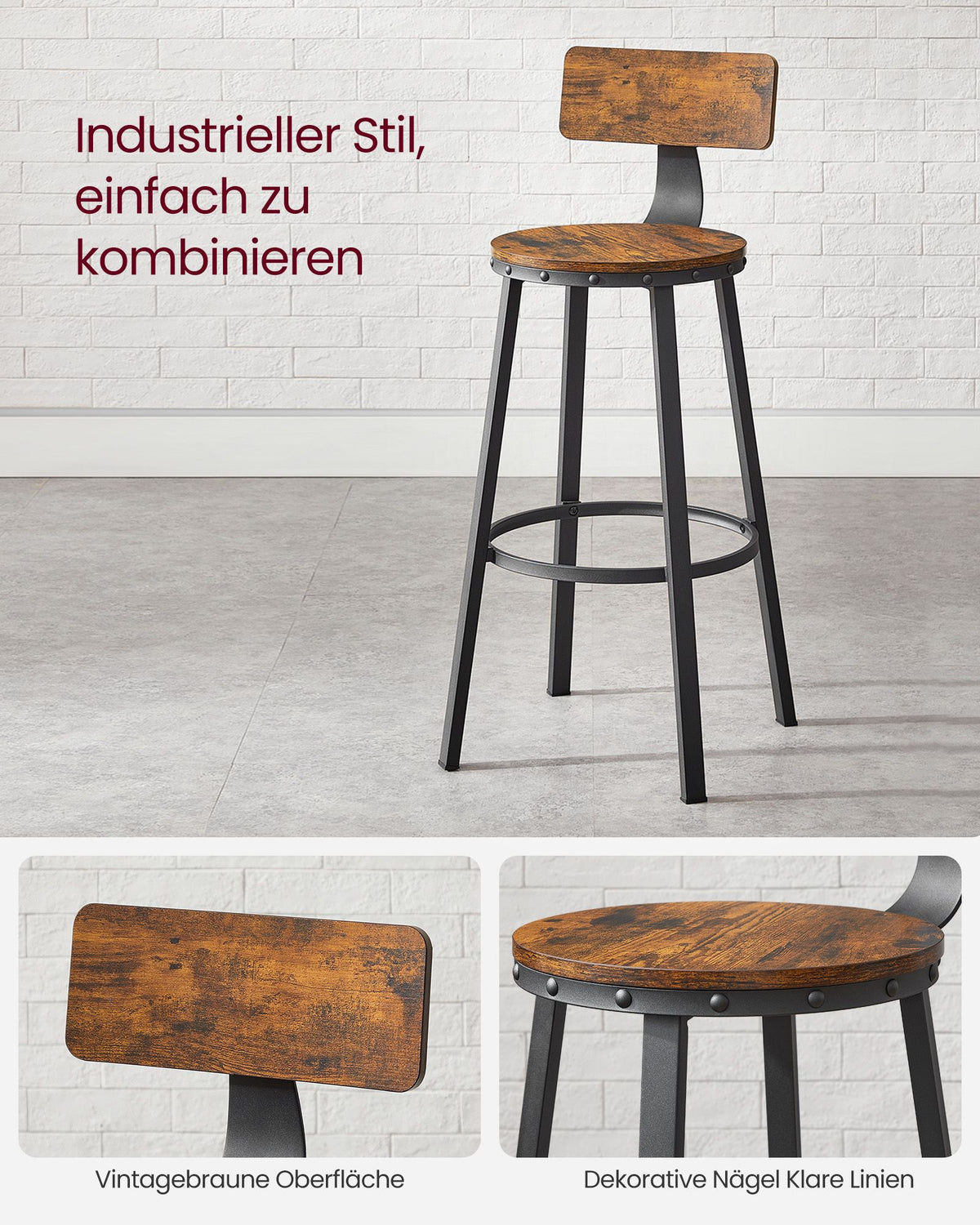 Industrielle Barhocker – 2er-Set – Vintage-Holzsitz
