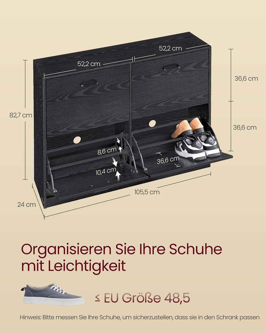 Schuhschrank mit 4 Klappen - schmale Bauform - verstellbare Fächer