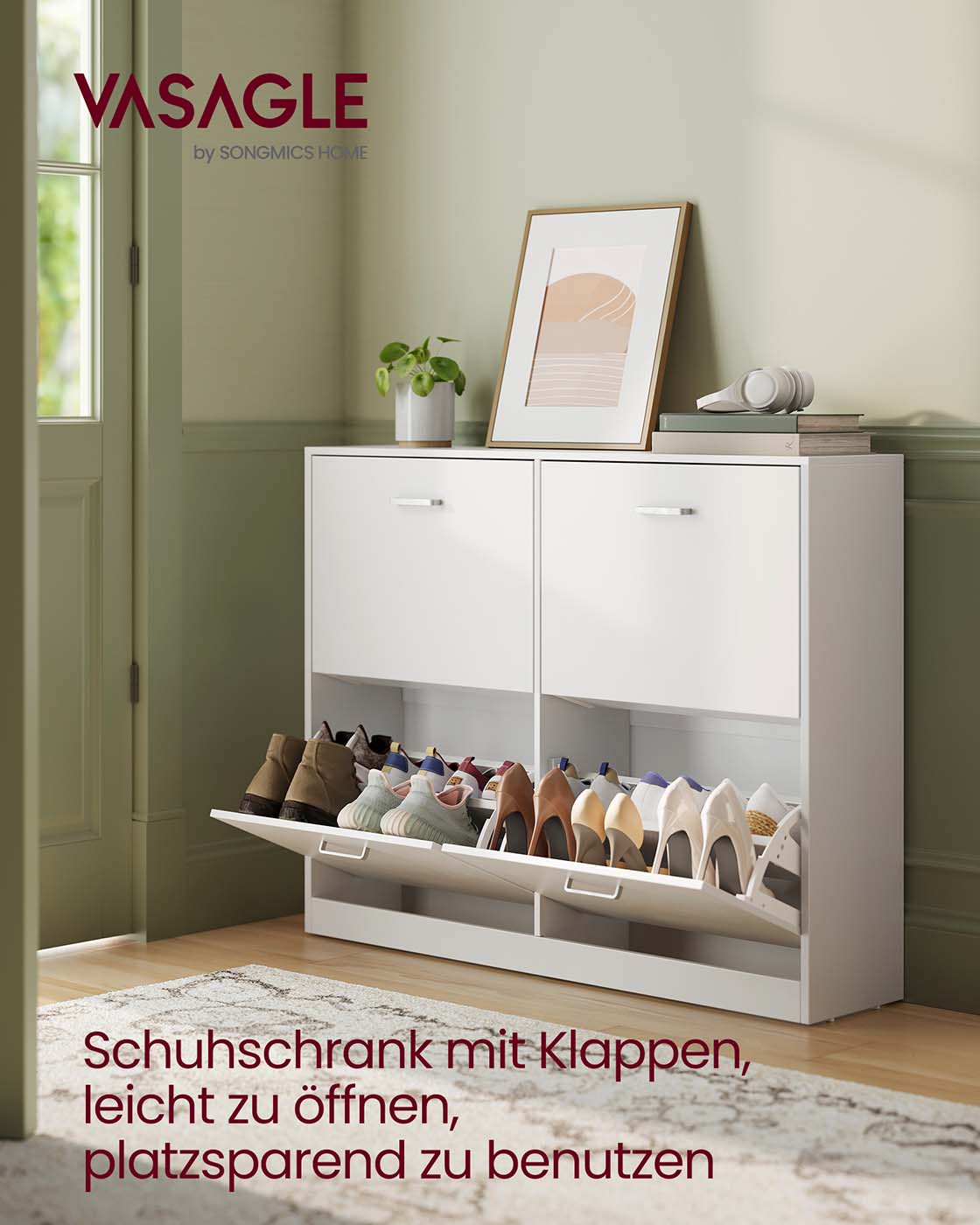 Schuhschrank mit 4 Klappen - schmale Bauform - verstellbare Fächer