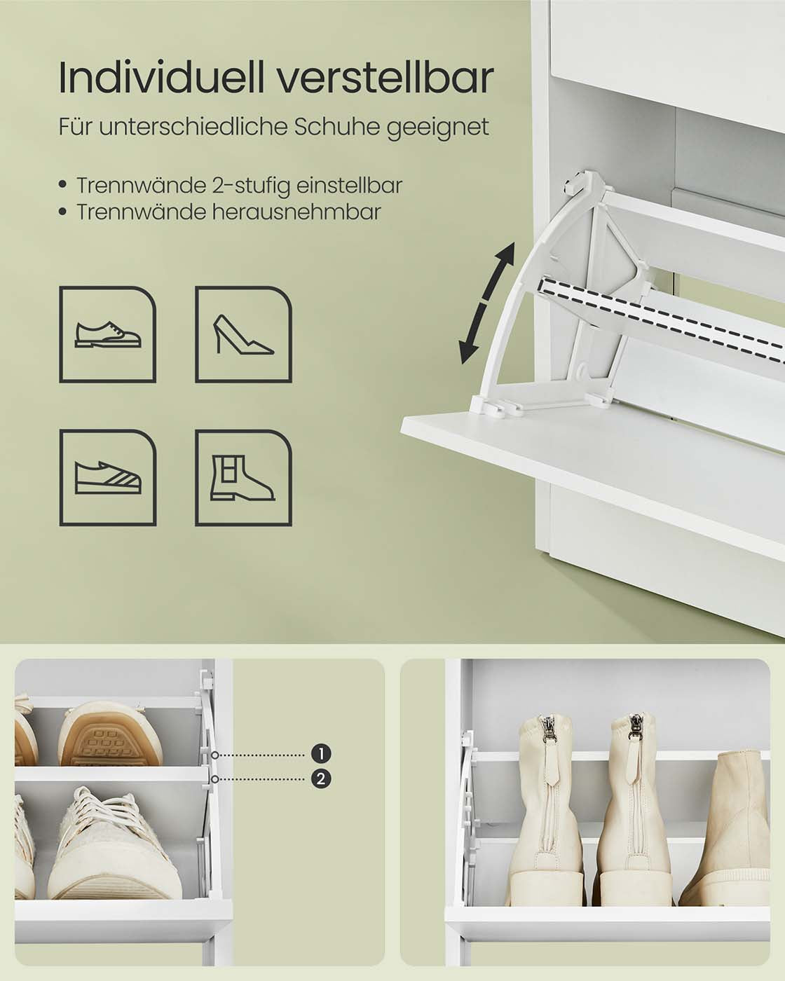 Schuhschrank – Für 14–18 Paar Schuhe – Schmale und hohe Ausführung – Verstellbare Aufteilung – 60 cm breit