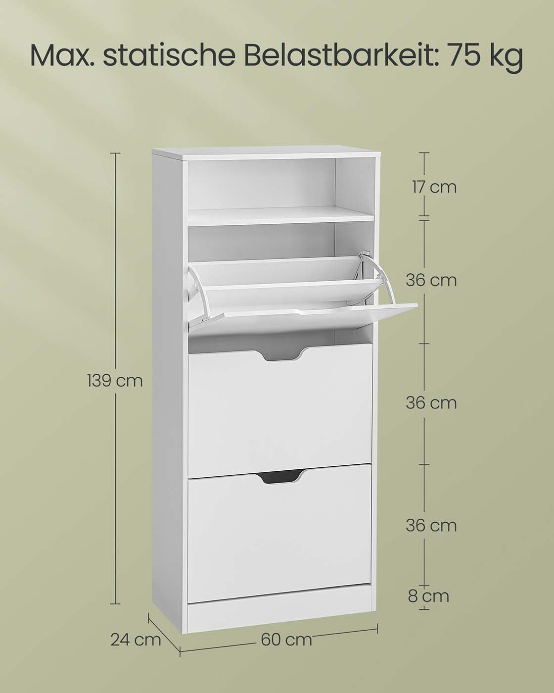 Schuhschrank – Für 14–18 Paar Schuhe – Schmale und hohe Ausführung – Verstellbare Aufteilung – 60 cm breit