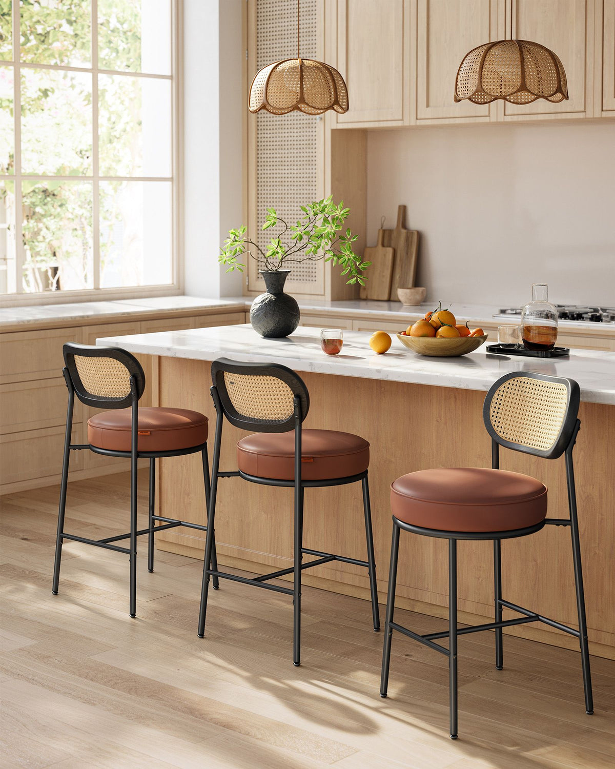 Barhocker 2er Set – BOHO Chic mit Rückenlehne in Rattanoptik – Hoher Sitzkomfort – Für Küche, Bar oder Insel