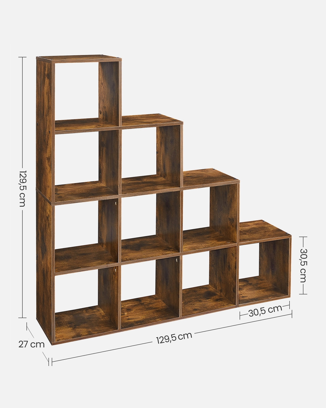 Bücherregal mit 10 Fächern – Treppenförmiges Design – Aufbewahrungsschrank – 129,5 x 29 x 129,5 cm