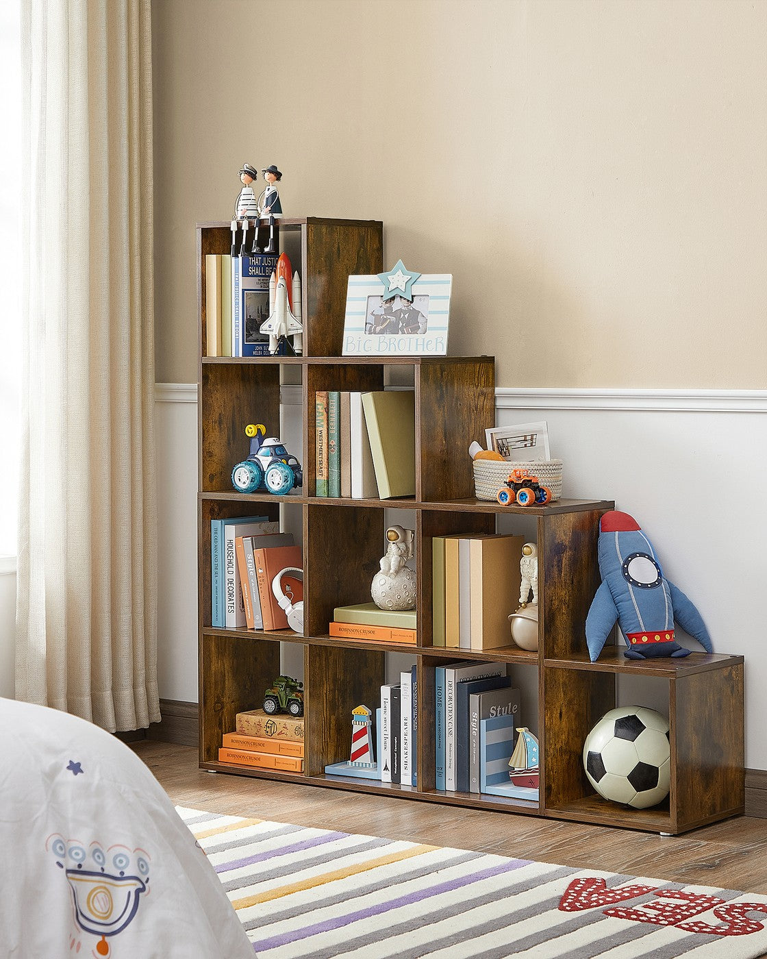 Bücherregal mit 10 Fächern – Treppenförmiges Design – Aufbewahrungsschrank – 129,5 x 29 x 129,5 cm