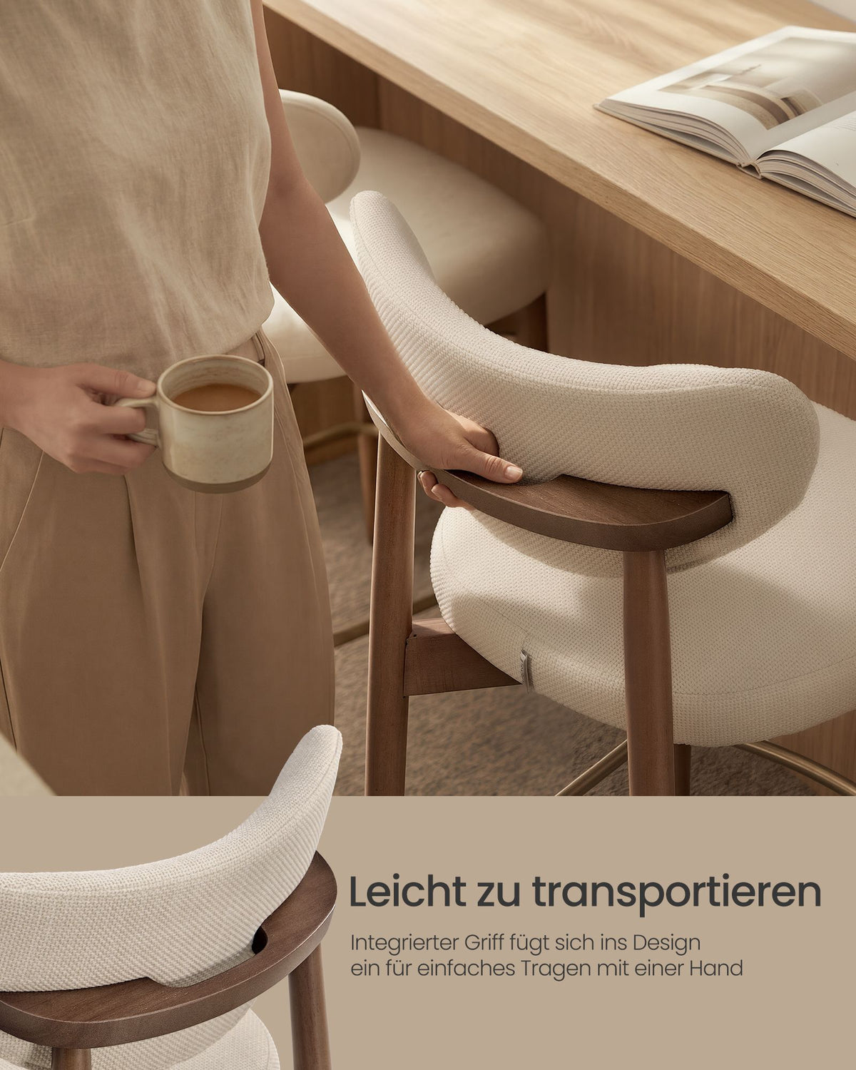 2er-Set Barhocker Mit Rückenlehne - Leinenoptik Mit Massiven Holzbeinen - Extra Dickes Sitzkissen