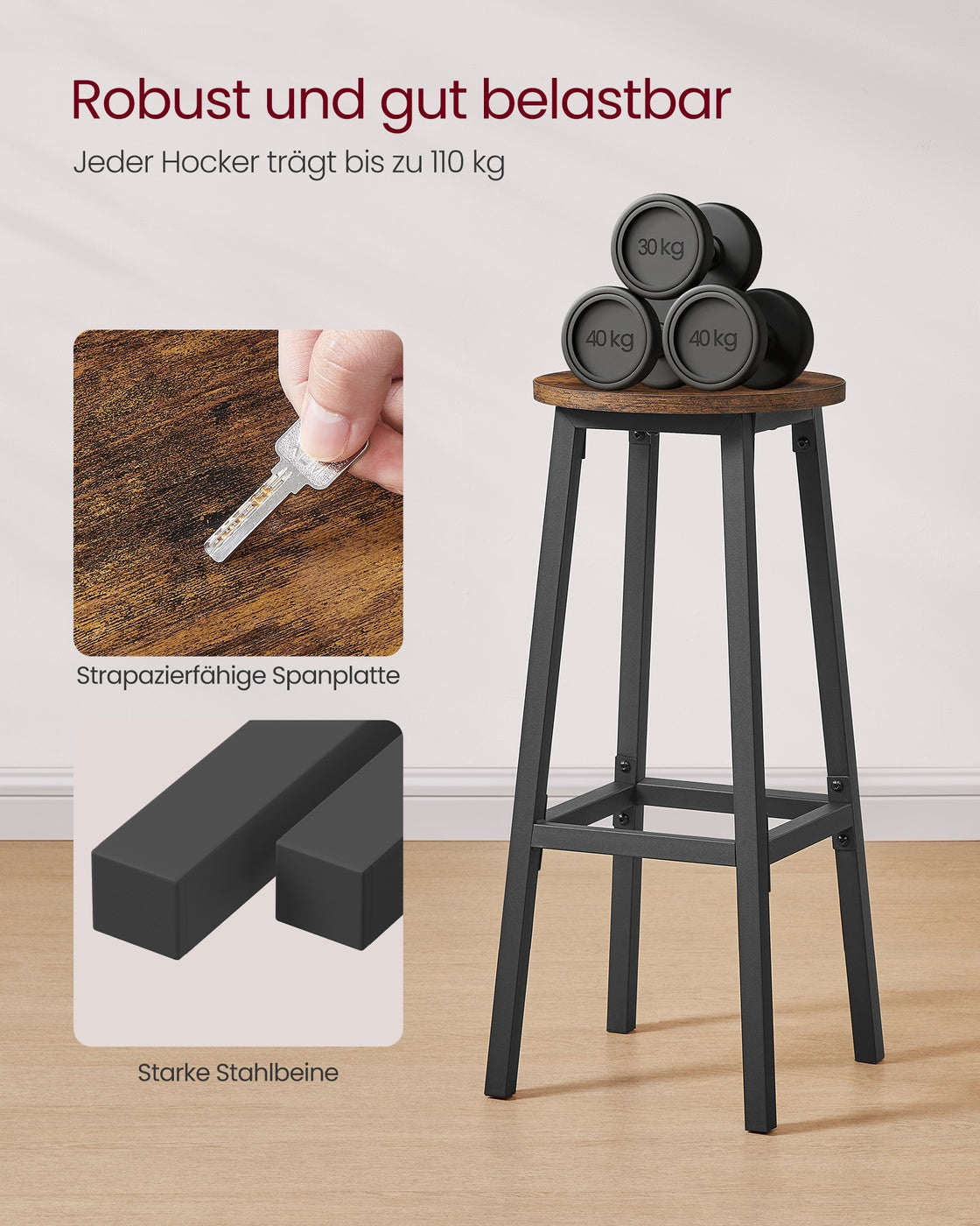 Barhocker 2er Set – Vintage Braun-Schwarz – Mit Fußstütze – 74 cm hoch – Industriedesign – Bis 110 kg belastbar