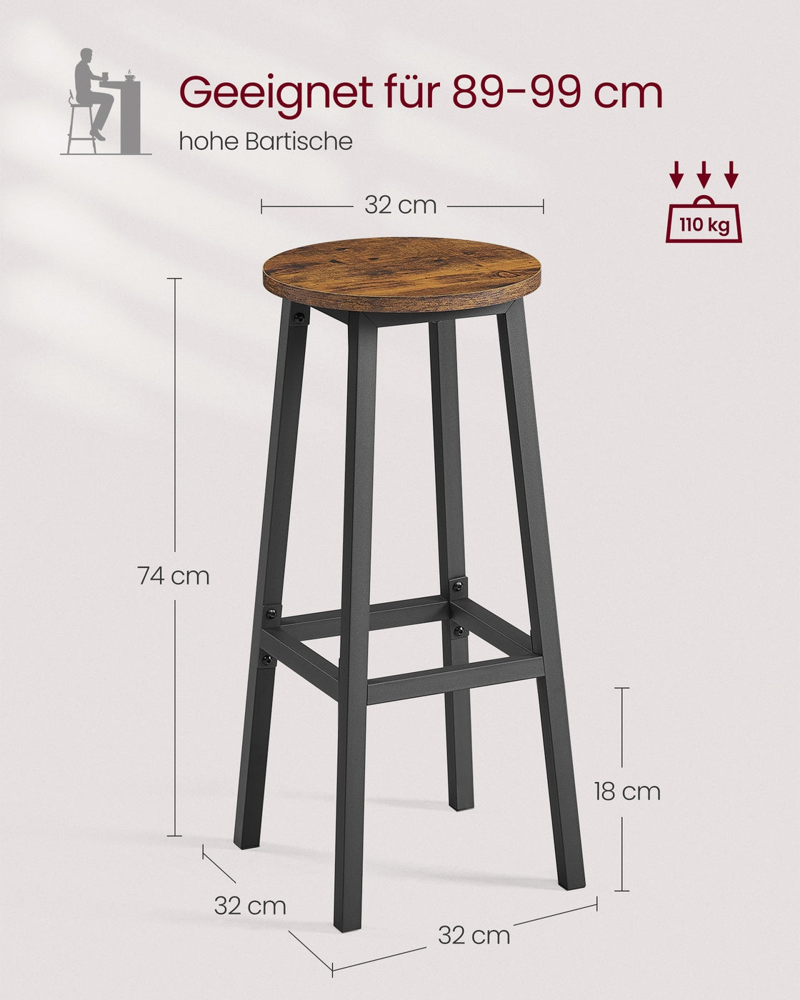 Barhocker 2er Set – Vintage Braun-Schwarz – Mit Fußstütze – 74 cm hoch – Industriedesign – Bis 110 kg belastbar