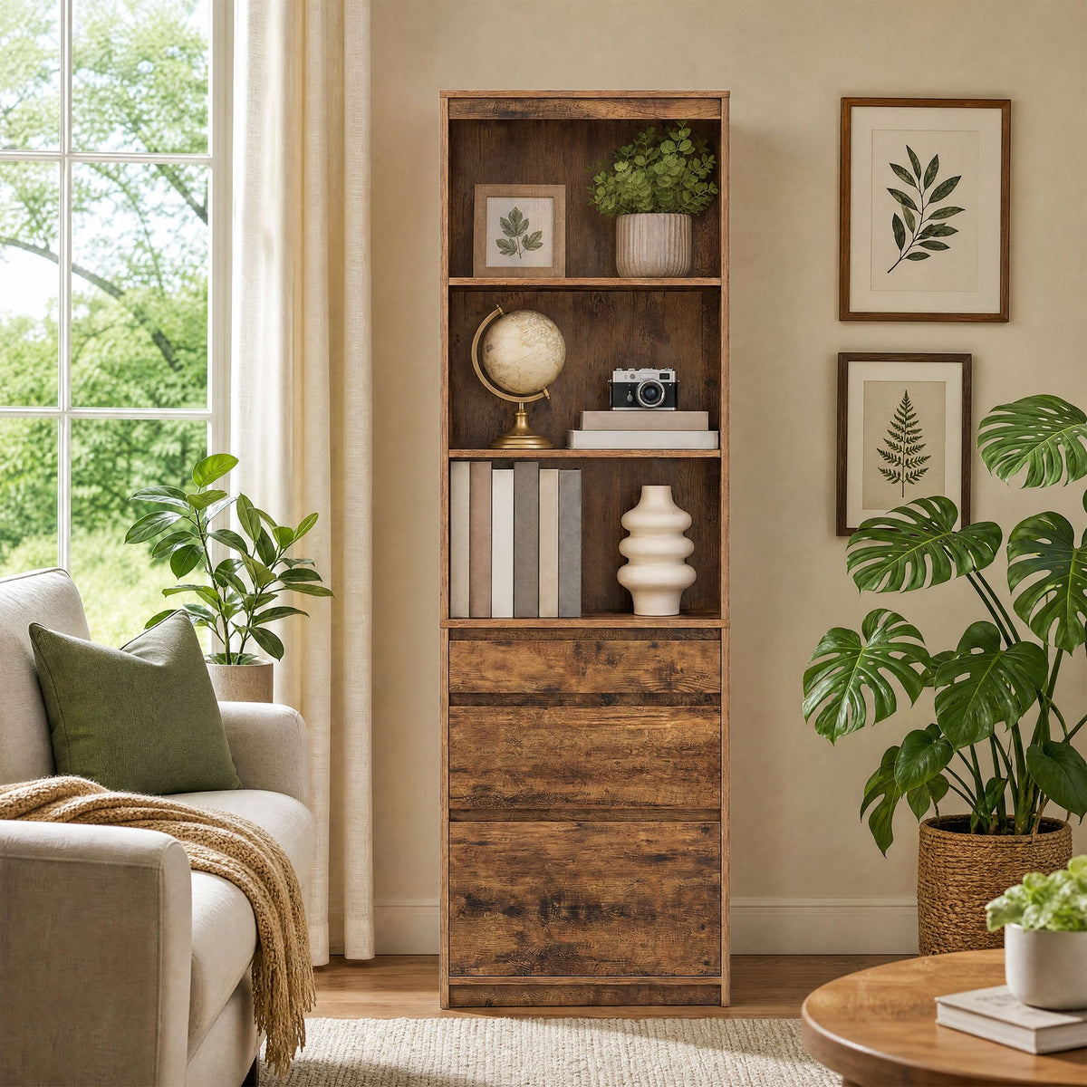 Bücherregal Mit Verstellbaren Böden Und 3 Schubladen - Hoher Schrank - Für Wohnzimmer