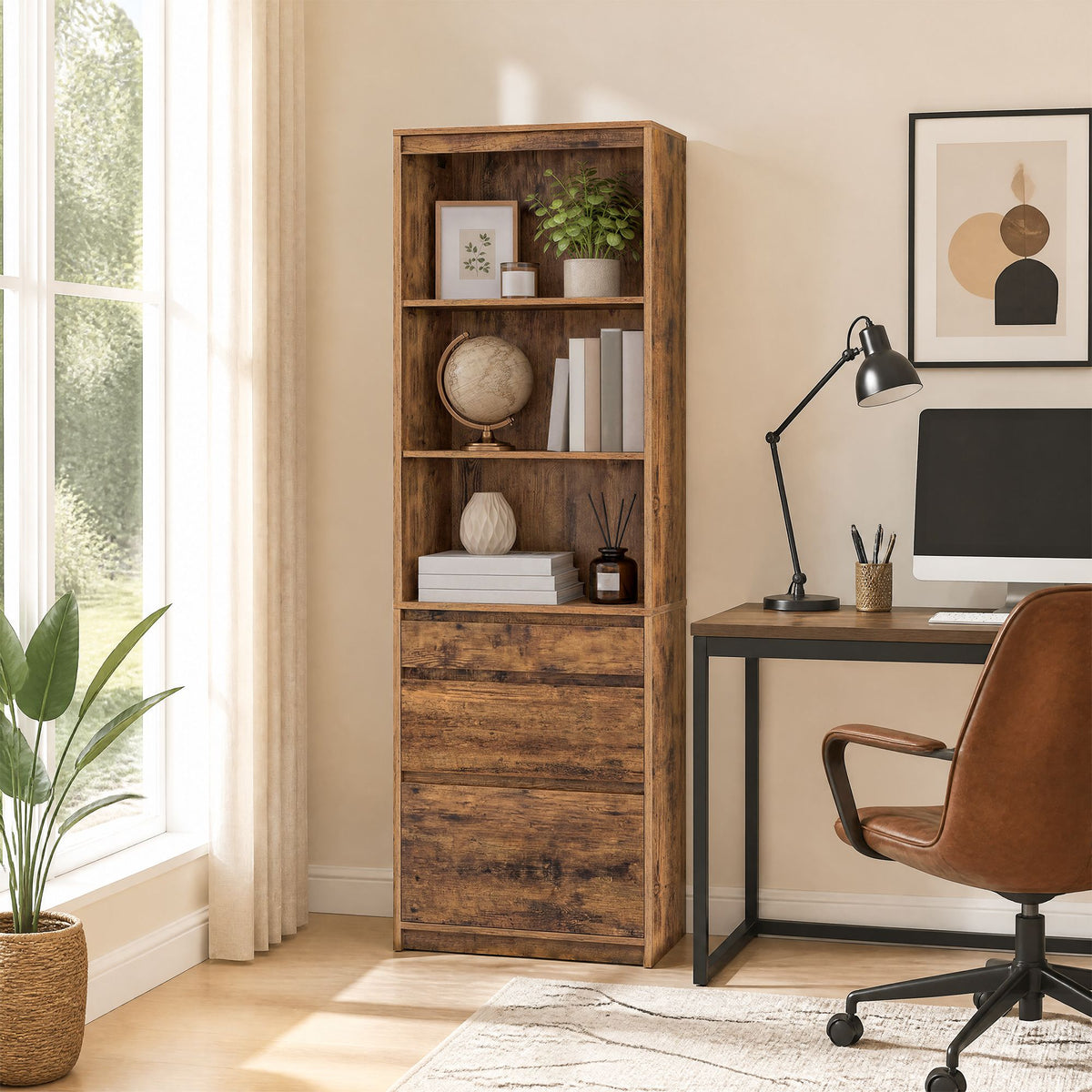Bücherregal Mit Verstellbaren Böden Und 3 Schubladen - Hoher Schrank - Für Wohnzimmer