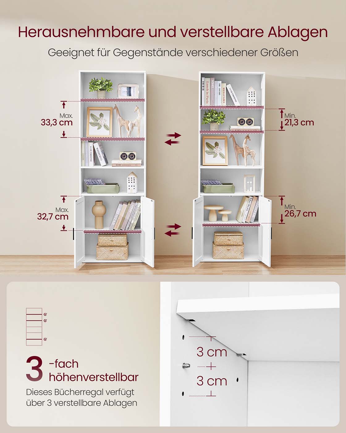 Bücherregal mit Schrank und offenen Fächern – Schmaler Aufbewahrungsschrank – Verstellbare Einlegeböden – MDF & Spanplatte