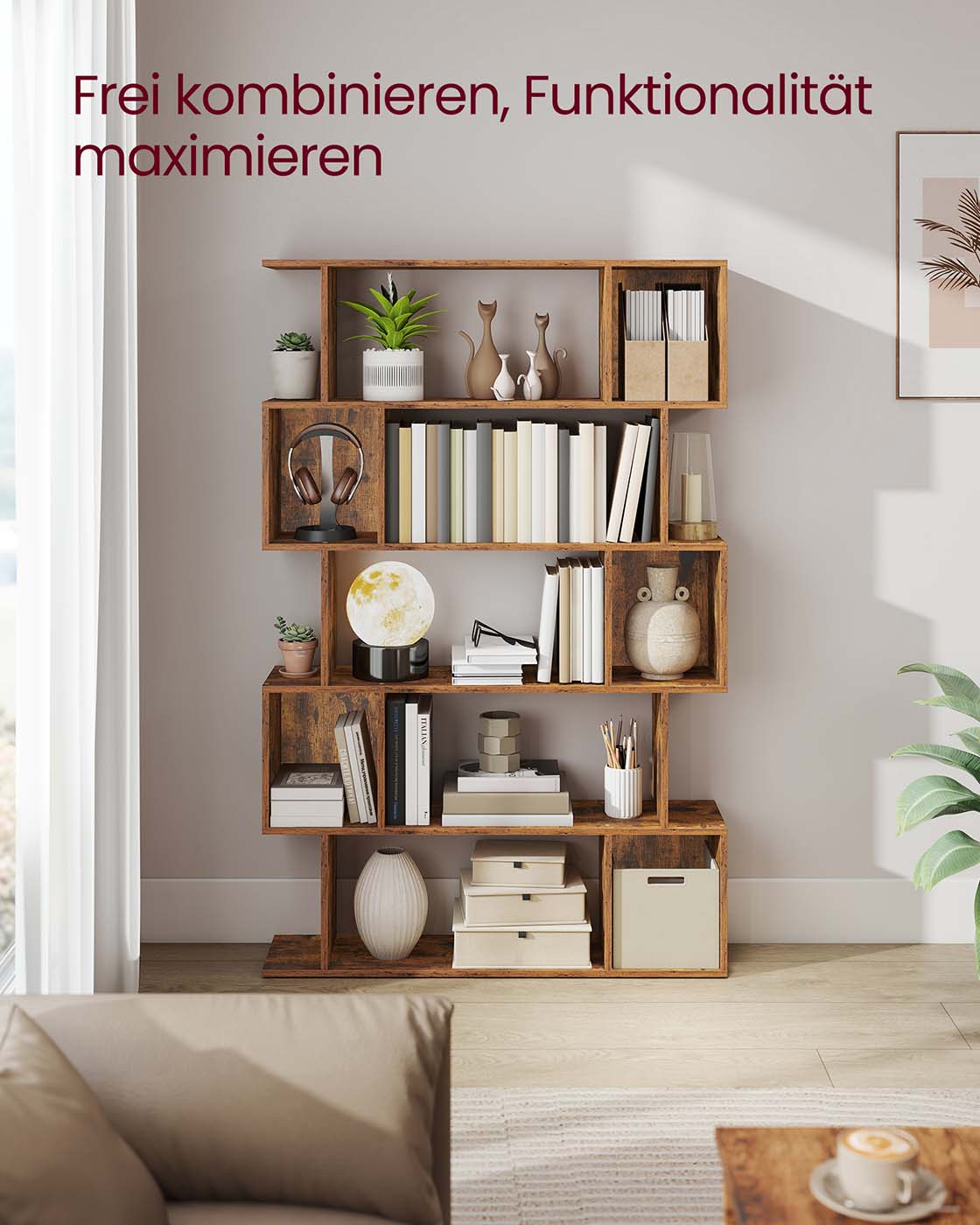 Bücherregal – S-förmiges Design – 5 Ebenen – 90 cm breit – 30 kg Tragkraft pro Ebene