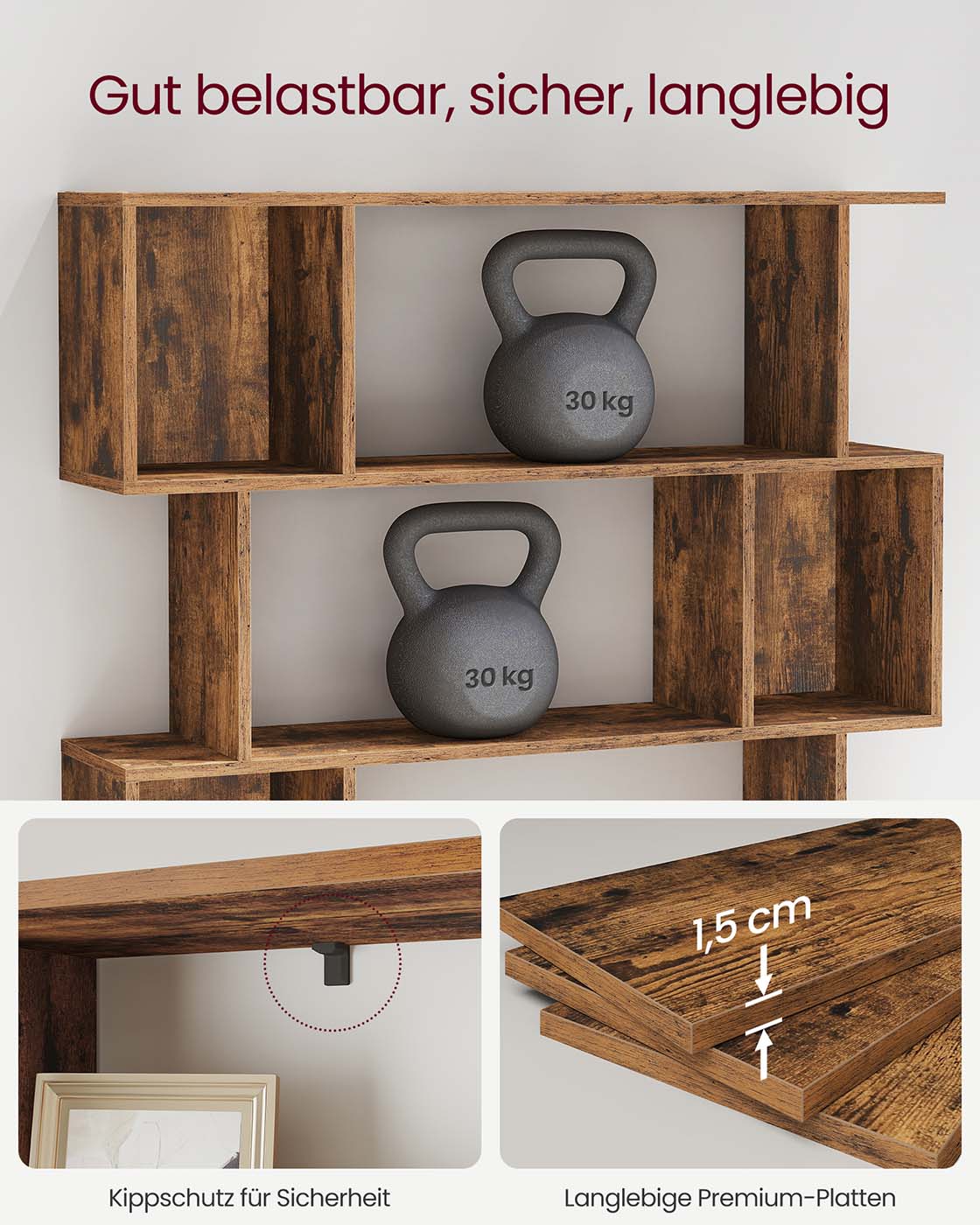 Bücherregal – S-förmiges Design – 5 Ebenen – 90 cm breit – 30 kg Tragkraft pro Ebene