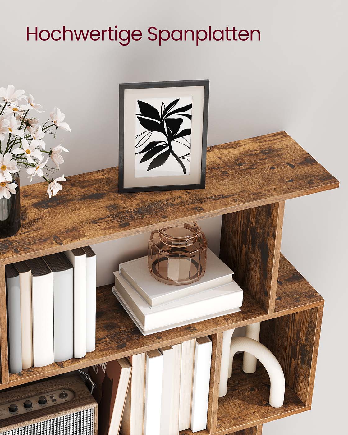 Bücherregal – S-förmiges Design – 5 Ebenen – 90 cm breit – 30 kg Tragkraft pro Ebene