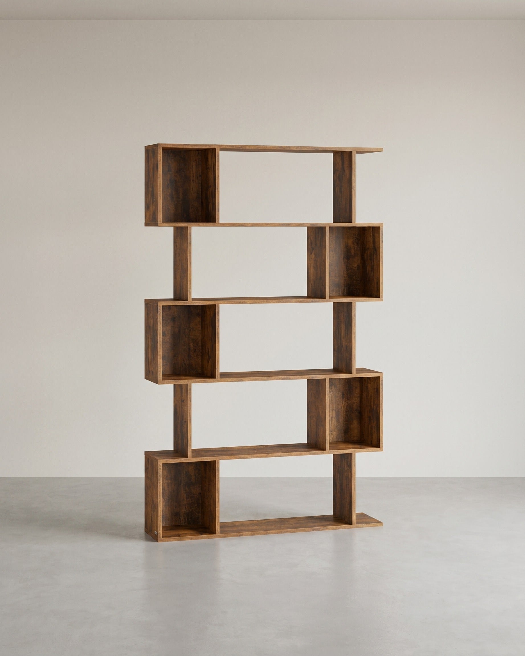 Bücherregal – S-förmiges Design – 5 Ebenen – 90 cm breit – 30 kg Tragkraft pro Ebene – Braun