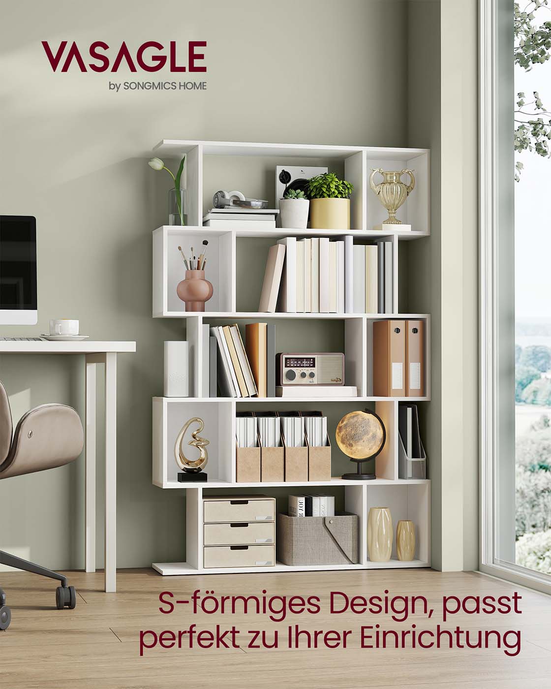 Bücherregal – S-förmiges Design – 5 Ebenen – 90 cm breit – 30 kg Tragkraft pro Ebene
