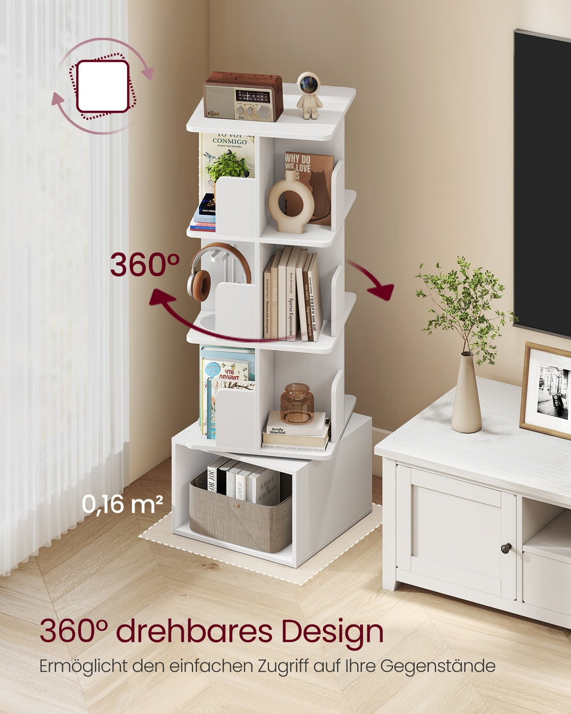 Drehbares Bücherregal - Custos Kollektion - 4 Ebenen - Offene Fächer