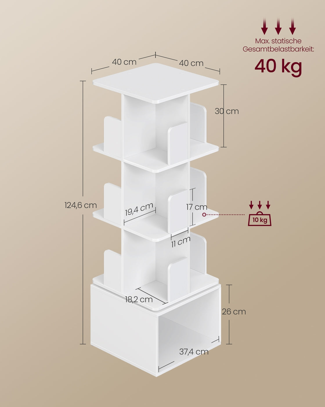 Drehbares Bücherregal - Custos Kollektion - 4 Ebenen - Offene Fächer