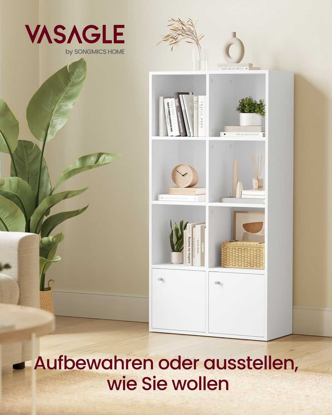 Bücherregal Mit 4 Offenen Ebenen Und 2 Fächern Mit Türen - Für Wohnzimmer Oder Schlafzimmer